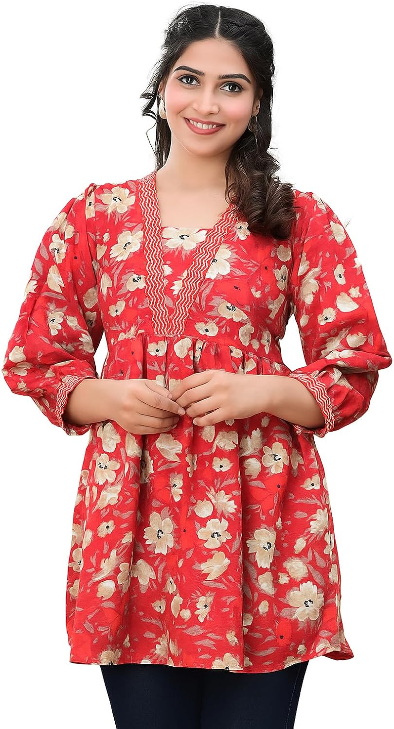 Indian Women’s Cotton Floral Printed V-Neck Short Kurti Kurta Shirt Top for Women