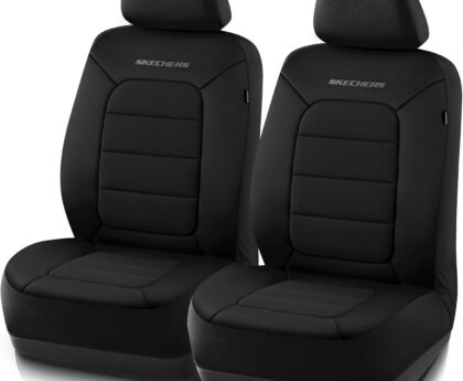 Skechers Memory Foam Car Seat Covers,Thick Cool Touch Fabric Seat Covers Front Seat Covers Airbag Compatible,Automotive Comfort Protection for Most Cars,Vans,Trucks,SUV,Black