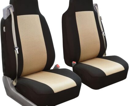 FH Group Universal Car Seat Covers Front Set High Back for SUV Truck Sedan Vans Zipper Designed Built-in Seatbelt – Washable Cloth Seat Cover Set High Back Front Protector Interior Upgrade – Beige