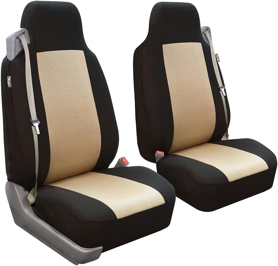 FH Group Universal Car Seat Covers Front Set High Back for SUV Truck Sedan Vans Zipper Designed Built-in Seatbelt – Washable Cloth Seat Cover Set High Back Front Protector Interior Upgrade – Beige