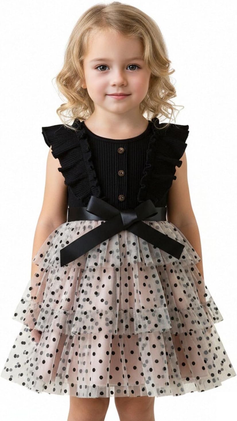 NNJXD Princess Girl Casual Dress Polka Dots Toddler Layered Tulle Kids Knit Clothing