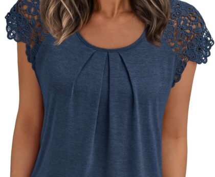 AUTOMET Womens Lace Tops Pleated Short Sleeve Shirts Summer Business Casual Dressy Blouses