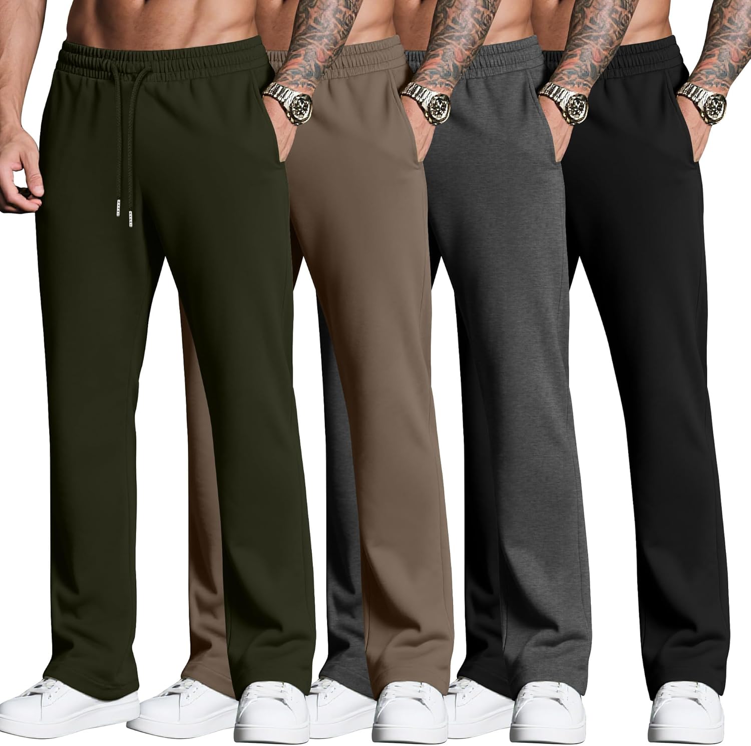 Neer 4 Pack Men’s Sweatpants Joggers with Pockets Open Bottom Gym Athletic Pants Baggy Workout Casual Running Clothing