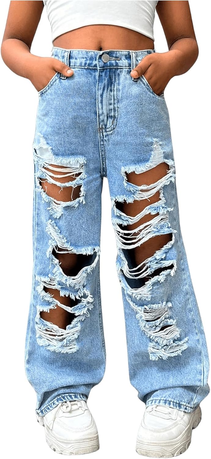 Floerns Girl’s Distressed Jeans Baggy Wide Straight Leg Y2k Ripped Denim Pants