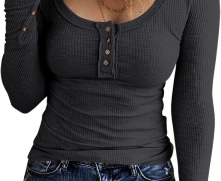 KINLONSAIR Women’s Long Sleeve Henley T Shirts Button Down Slim Fit Tops Scoop Neck Ribbed Knit Shirts