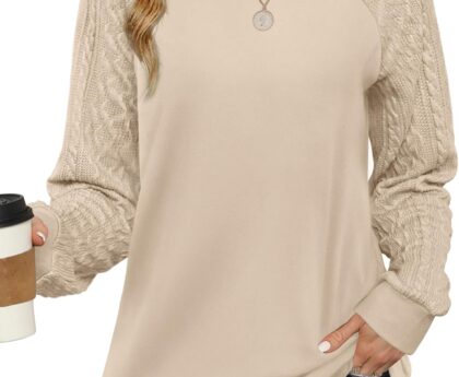 Saloogoe Sweatshirts for Women Crewneck Cable Knit Sleeve Sweaters Lightweight Fashion 2025