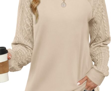 Saloogoe Sweatshirts for Women Crewneck Cable Knit Sleeve Sweaters Lightweight Fashion 2025