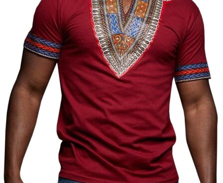 Makkrom Mens African Dashiki T Shirt Tribal Floral Print V Neck Slim Fit Shirts Tops