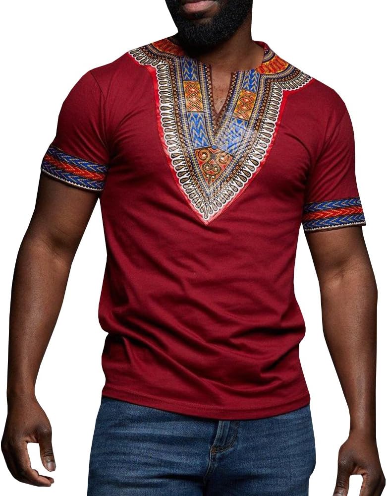Makkrom Mens African Dashiki T Shirt Tribal Floral Print V Neck Slim Fit Shirts Tops