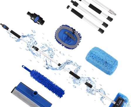 XCBYT Car Wash Brush with Long Handle, 69” Flow-Through RV Wash Brush Kit with Soft Bristle Brush, Chenille Mop, Squeegee & Duster, Adjustable Aluminum Pole Car Cleaning Kit for SUV Truck RV Boat