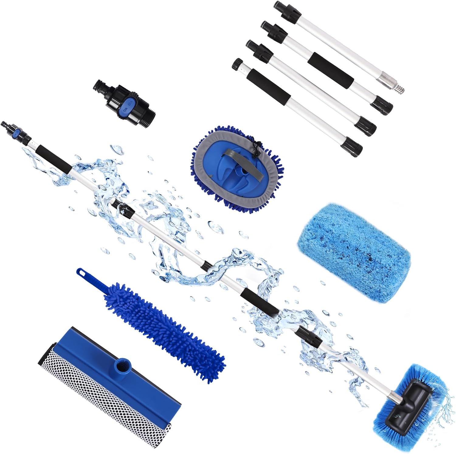 XCBYT Car Wash Brush with Long Handle, 69” Flow-Through RV Wash Brush Kit with Soft Bristle Brush, Chenille Mop, Squeegee & Duster, Adjustable Aluminum Pole Car Cleaning Kit for SUV Truck RV Boat