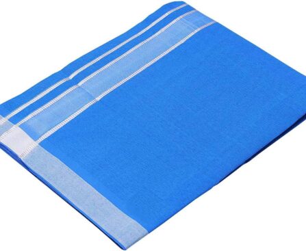 Cotton Single Layer Colored Dhoti – 1.8 Meters Traditional Indian Lungi/Sarong for Men with Resham Designer Border – Comfortable Ethnic Wear (Blue)