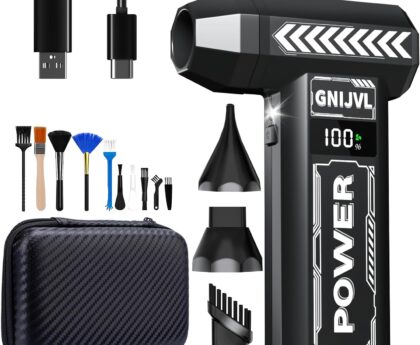 Electric Air Duster, 150000RPM Brushless Motor 4-Gear Adjustable Compressed Air Duster with LED Light,One-tap Booster with 8000mAh Rechargeable Battery, With storage bag for PC, Car, House, Outdoor