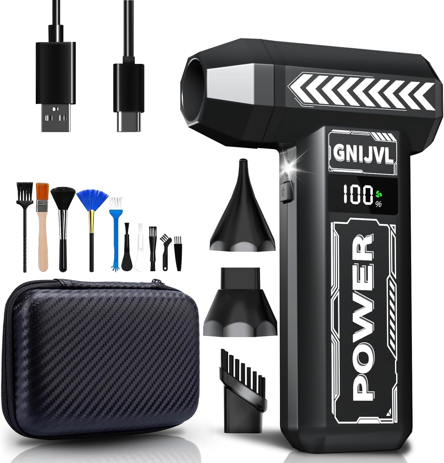 Electric Air Duster, 150000RPM Brushless Motor 4-Gear Adjustable Compressed Air Duster with LED Light,One-tap Booster with 8000mAh Rechargeable Battery, With storage bag for PC, Car, House, Outdoor