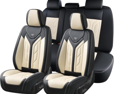 Coverado Seat Covers, Car Seat Covers Full Set, Leather Seat Covers for Cars, Automotive Seat Covers Car Seat Protector Car Accessories Fit for Most Sedans SUV Pick-up Truck(Black&Beige)