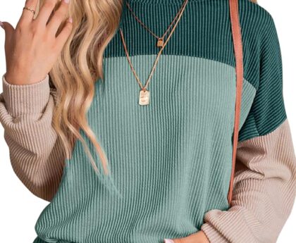 Dokotoo Womens Tops Fashion 2025 Color Block Long Sleeve Shirts Crewneck Knitted Casual Loose Pullover Blouses