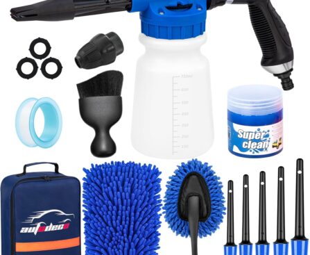AUTODECO Car Wash Detailing Kit Cleaning Kits with Foam Gun Sprayer, Car Wash Brush and Large Wash Mitt Duster for Car Interior and Exterior Cleaning (Blue)