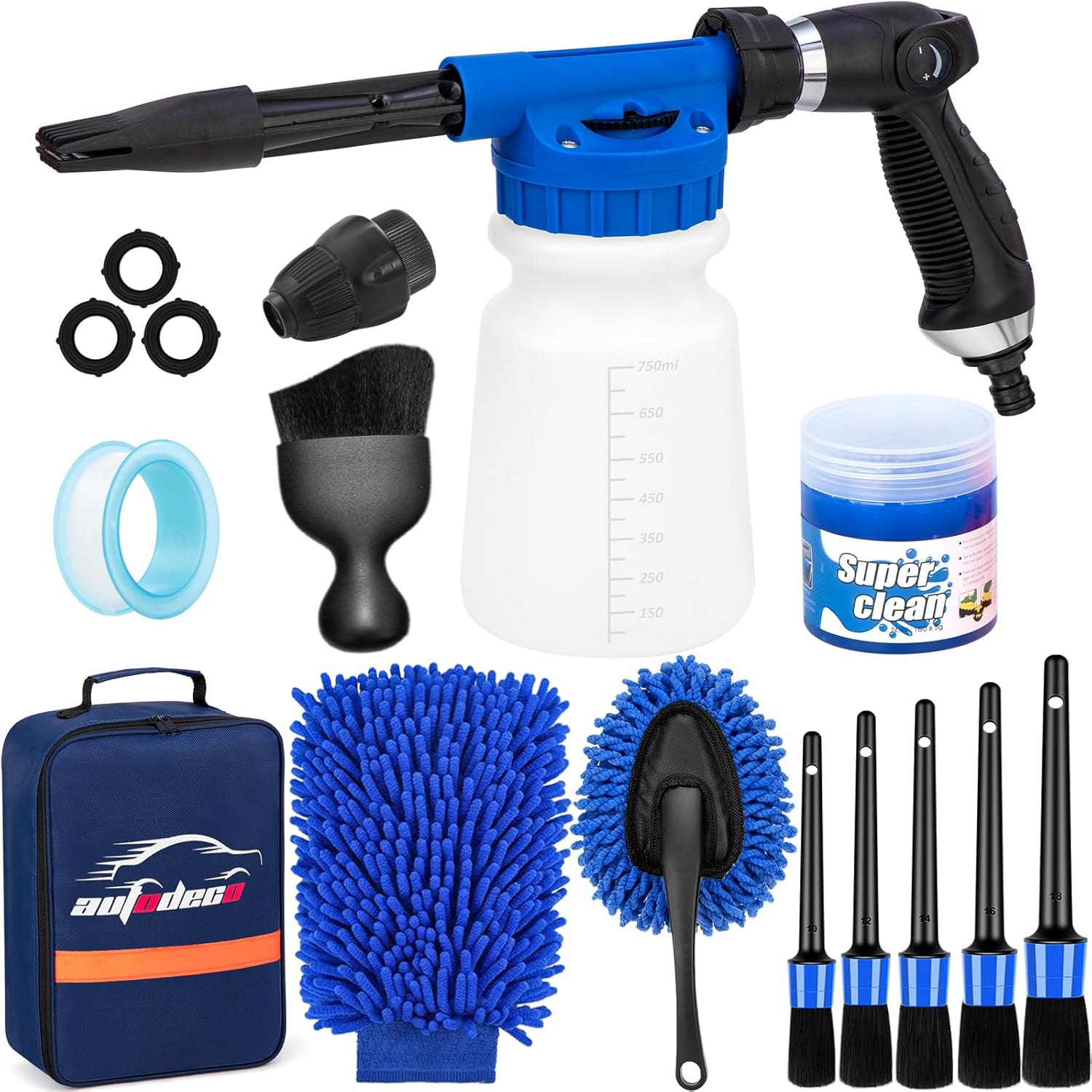 AUTODECO Car Wash Detailing Kit Cleaning Kits with Foam Gun Sprayer, Car Wash Brush and Large Wash Mitt Duster for Car Interior and Exterior Cleaning (Blue)
