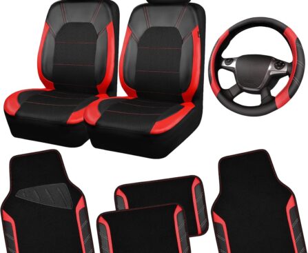 CAR PASS Air Mesh Leather Car Seat Covers for Front Seats, Waterproof Car Floor Mats, Sporty Steering Wheel Cover, Universal Fit for 95% Cars Truck SUV (Black and Red)