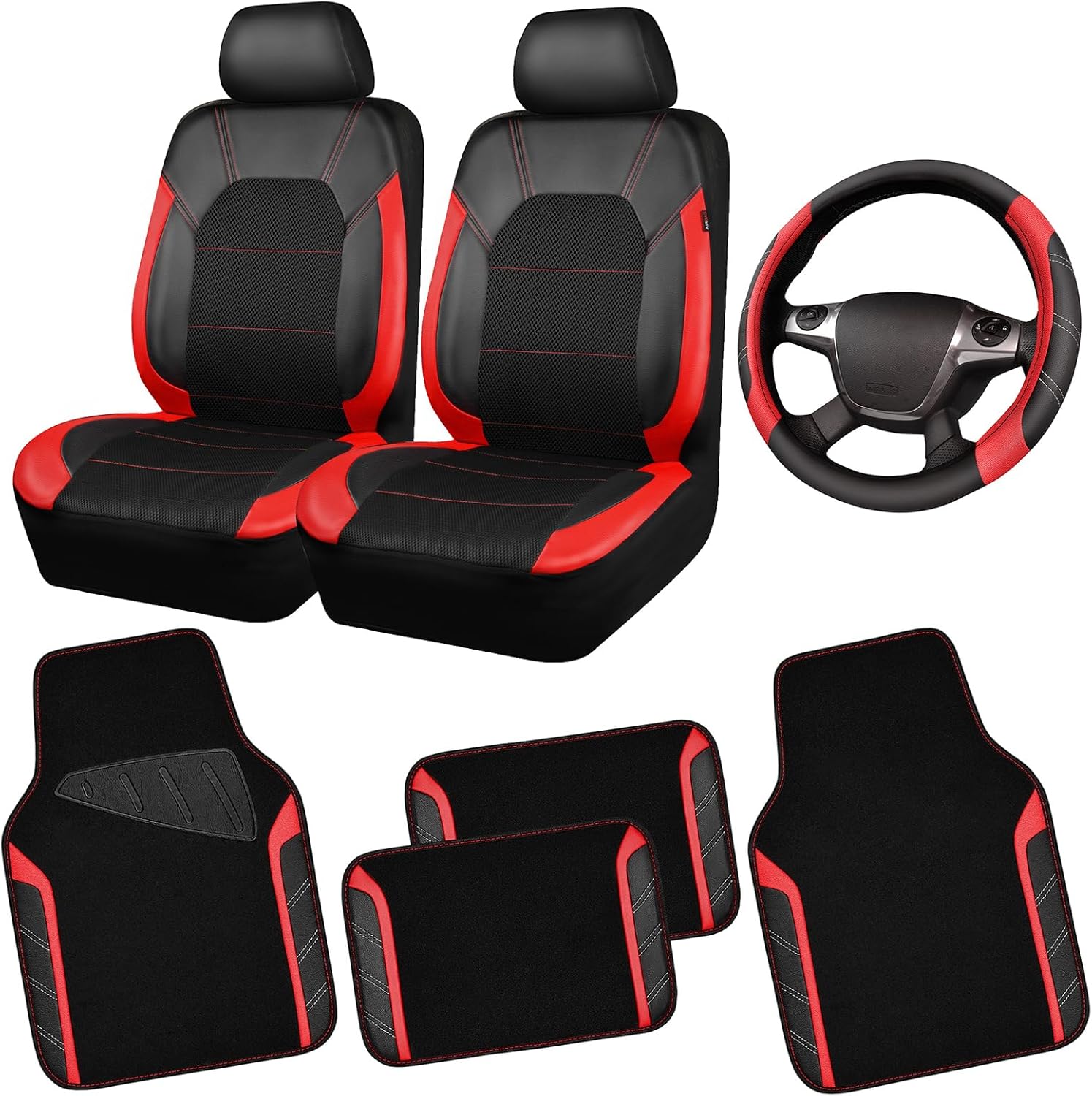 CAR PASS Air Mesh Leather Car Seat Covers for Front Seats, Waterproof Car Floor Mats, Sporty Steering Wheel Cover, Universal Fit for 95% Cars Truck SUV (Black and Red)