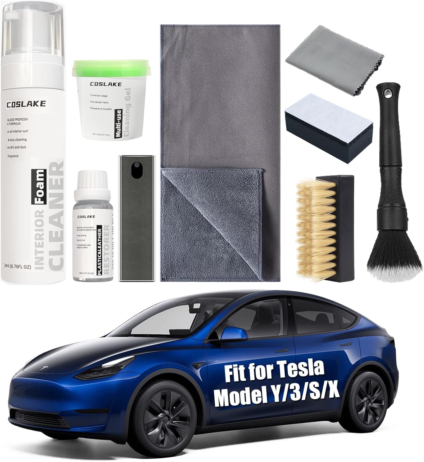 for Tesla Interior Cleaner Kit 9PCS, Foam Seat Cleaner Safe for Tesla Black & White Vegan Leather, with Screen Cleaner, Plastic Restorer, Car Detailing Kit for Model Y/3/S/X Accessories