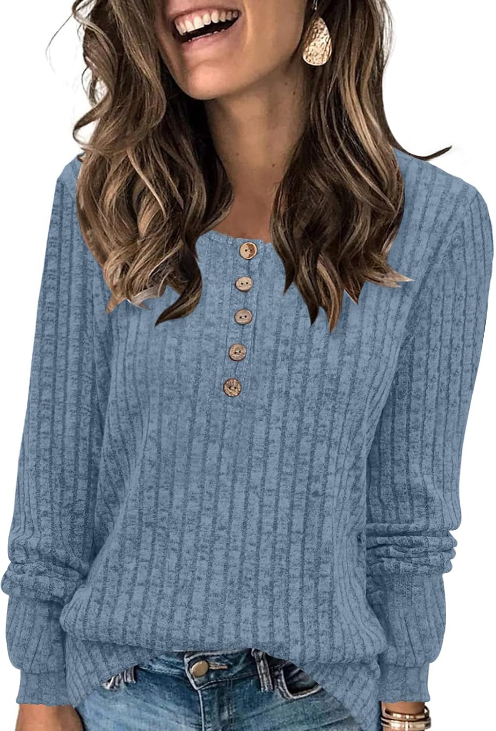 DB MOON Womens Lightweight Sweaters 2025 Long Sleeve Henley Shirt Fall Casual Crewneck Tunic Tops