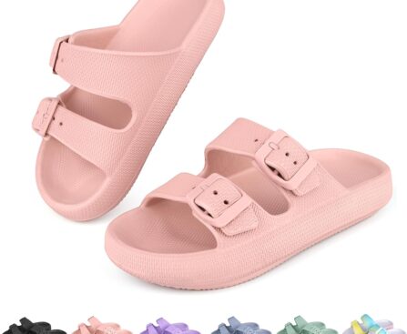 Kids Buckle Cloud Slides丨Boys Girls Slip On Sandals丨Youth Shower Flip Flops Beach Pool Shoes EVA Adjustable Summer Slippers （12 Little Kids – 7 Big Kids）