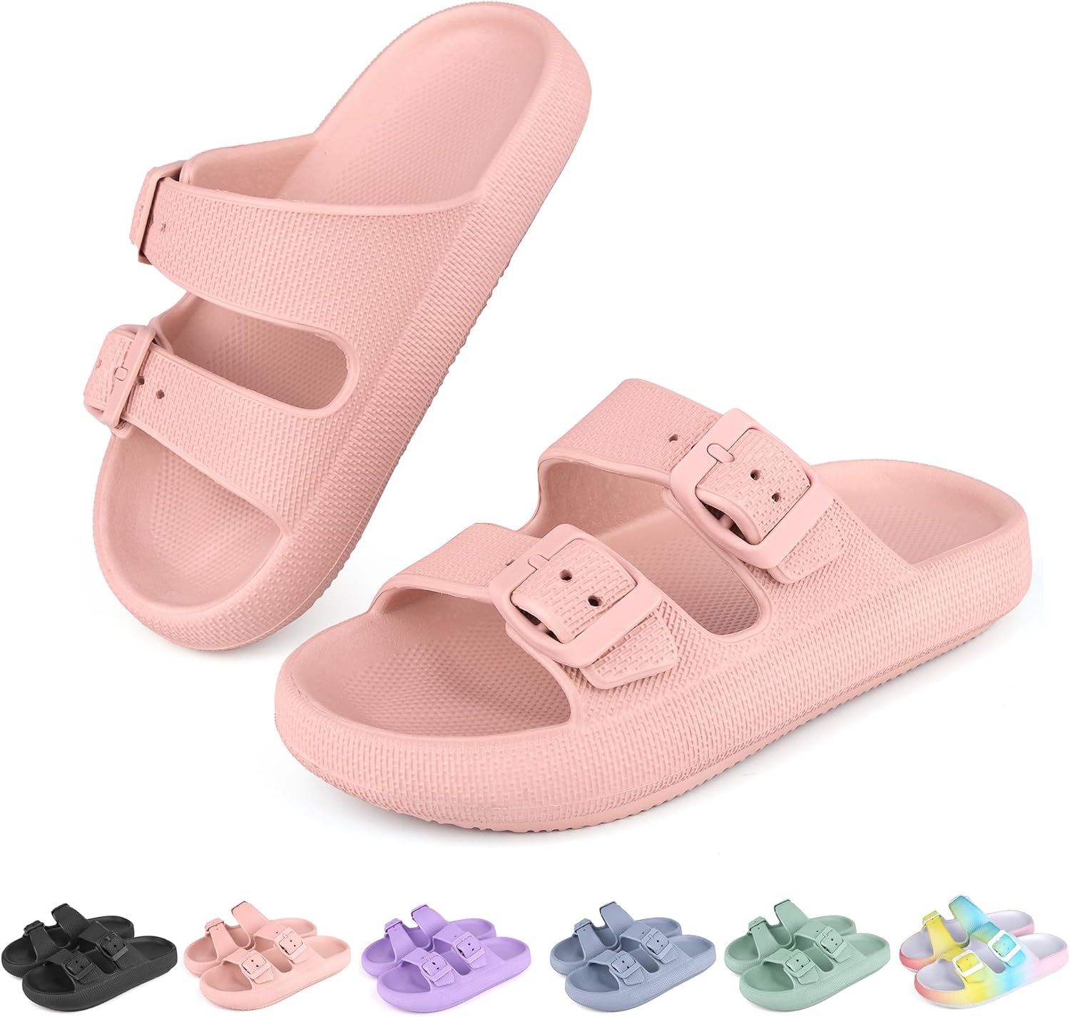 Kids Buckle Cloud Slides丨Boys Girls Slip On Sandals丨Youth Shower Flip Flops Beach Pool Shoes EVA Adjustable Summer Slippers （12 Little Kids – 7 Big Kids）
