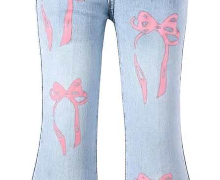 MakeMeChic Girl’s Bow Print Bell Bottom Jeans Flared Leg Y2K Denim Pants Streetwear