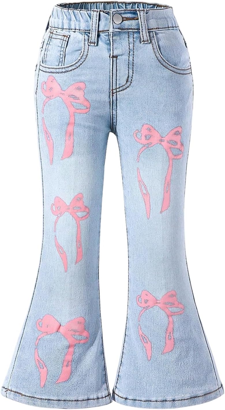 MakeMeChic Girl’s Bow Print Bell Bottom Jeans Flared Leg Y2K Denim Pants Streetwear