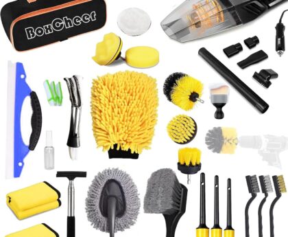 Car Cleaning Kit 32Pcs Yellow, Car Detailing Wash Kit with Car Vacuum Cleaner, Detailing Brush and Drill Brush, Car Accessories for Men & Women, Car Cleaning Supplies for Interior, Exterior
