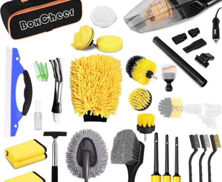 Car Cleaning Kit 32Pcs Yellow, Car Detailing Wash Kit with Car Vacuum Cleaner, Detailing Brush and Drill Brush, Car Accessories for Men & Women, Car Cleaning Supplies for Interior, Exterior