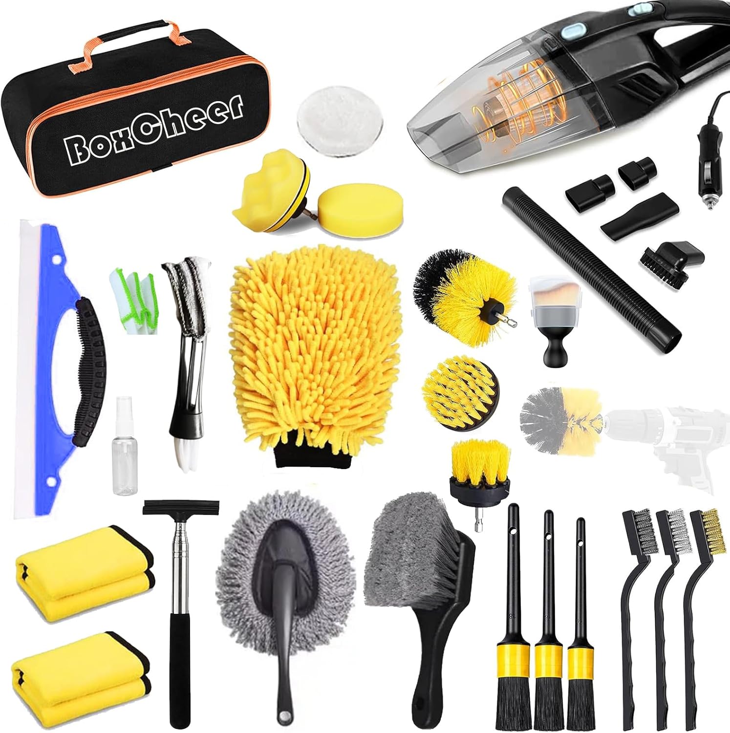 Car Cleaning Kit 32Pcs Yellow, Car Detailing Wash Kit with Car Vacuum Cleaner, Detailing Brush and Drill Brush, Car Accessories for Men & Women, Car Cleaning Supplies for Interior, Exterior