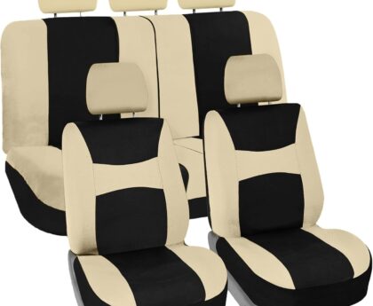 FH Group Car Seat Covers Full Set Cloth – Universal Fit, Automotive Seat Covers, Low Back Front Seat Covers, Airbag Compatible, Split Bench Rear Seat, Car Seat Cover for SUV, Sedan, Van Beige