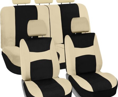 FH Group Car Seat Covers Full Set Cloth – Universal Fit, Automotive Seat Covers, Low Back Front Seat Covers, Airbag Compatible, Split Bench Rear Seat, Car Seat Cover for SUV, Sedan, Van Beige