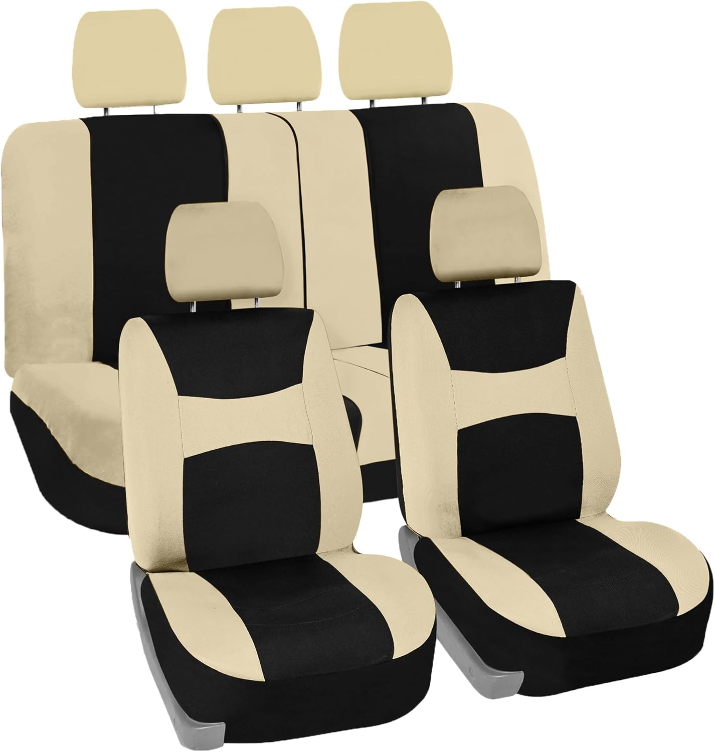 FH Group Car Seat Covers Full Set Cloth – Universal Fit, Automotive Seat Covers, Low Back Front Seat Covers, Airbag Compatible, Split Bench Rear Seat, Car Seat Cover for SUV, Sedan, Van Beige