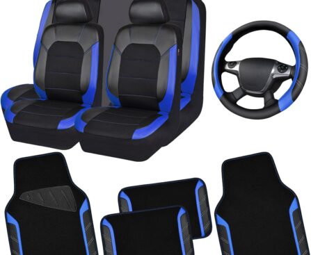 CAR PASS Air Mesh Leather Car Seat Covers Full Set, Waterproof Car Floor Mats, Sporty Steering Wheel Cover 14.5-15in, Universal Fits for 95% Cars Truck SUV (Black and Blue)