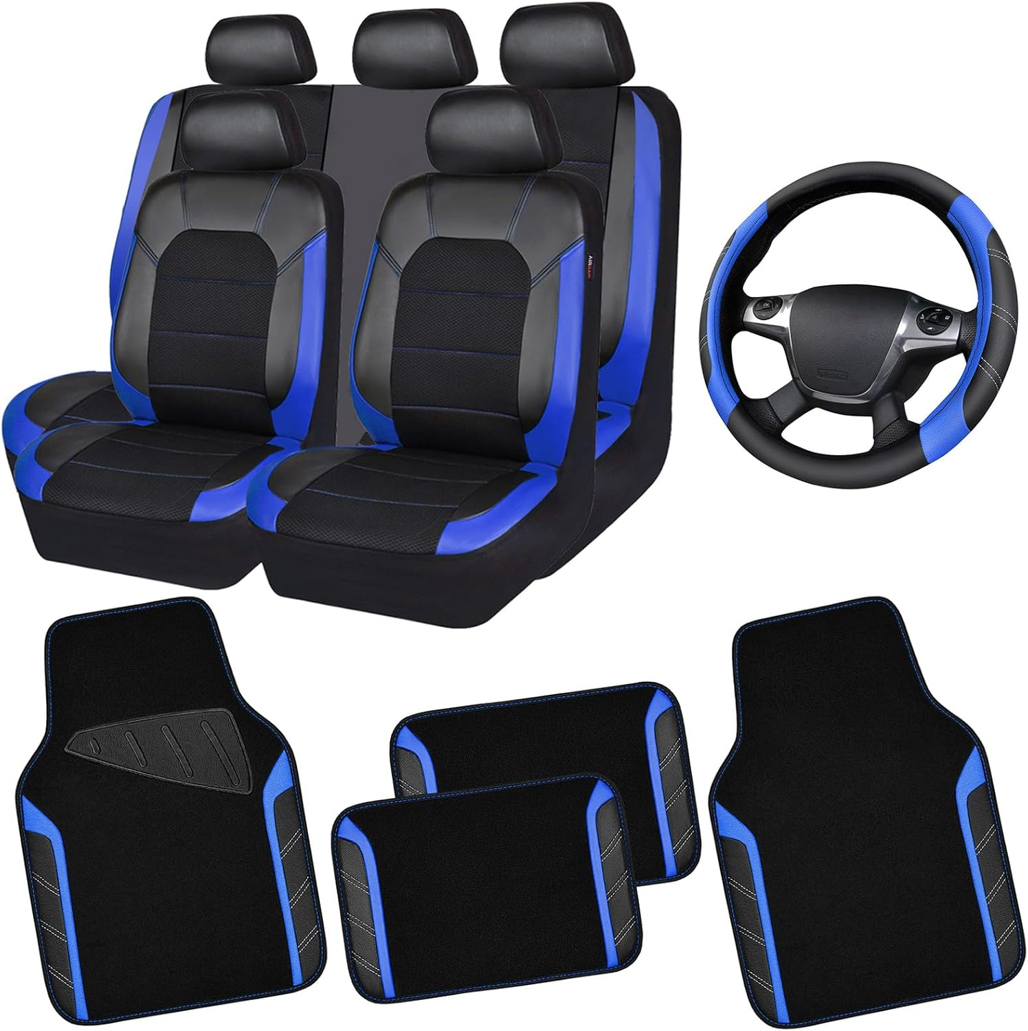 CAR PASS Air Mesh Leather Car Seat Covers Full Set, Waterproof Car Floor Mats, Sporty Steering Wheel Cover 14.5-15in, Universal Fits for 95% Cars Truck SUV (Black and Blue)