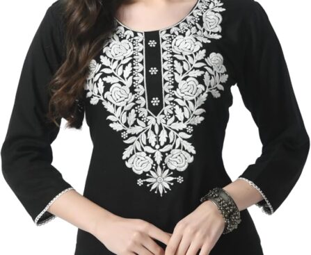 Kurti for Women – Short Chikankari Kurtis for Girls, Lakhnawi Tunic Top Kurta Design for Ladies, Woman Ethnic Kurthi