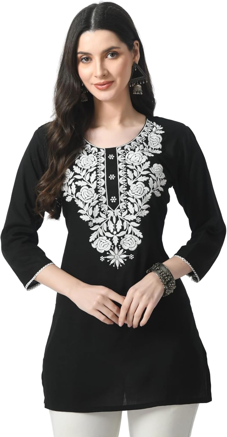 Kurti for Women – Short Chikankari Kurtis for Girls, Lakhnawi Tunic Top Kurta Design for Ladies, Woman Ethnic Kurthi