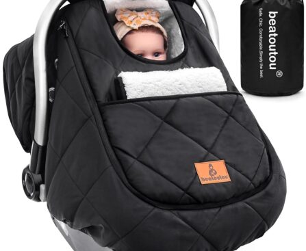 Winter Baby Car Seat Cover, Beatoutou Waterproof Winter Infant Carseat Canopy for Boys Girls, Cold Weather Warm Car Seat Covers for Babies, Keeps Babies Warm and Cozy (Black)