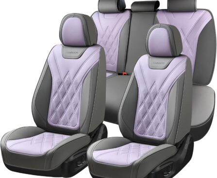 Coverado Car Seat Covers Full Set, Seat Covers for Cars, Waterproof Leather Automotive Seat Cover, Universal Car Interior Protectors Cushion for Most Cars Gray_Pruple