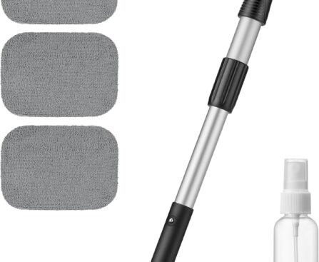 AstroAI Windshield Cleaner Tool, Microfiber Car Window Cleaner with 4 Reusable and Washable Microfiber Pads and Extendable Handle Auto Inside Glass Wiper Kit, Gray