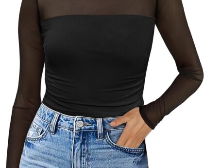 Womens Sexy Mesh Long Sleeve Shirts Fashion Clothing Turtle Necks Sheer Ruched Going Out Tops Fall Outfits Slim Fit Blouses