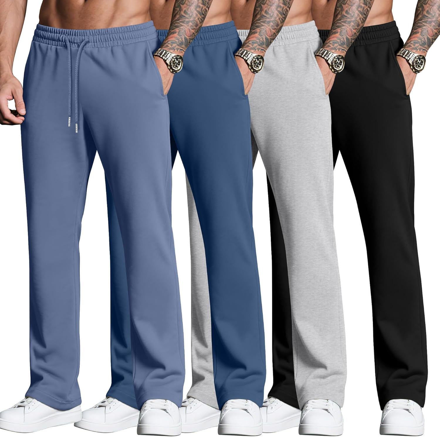 Neer 4 Pack Men’s Sweatpants Joggers with Pockets Open Bottom Gym Athletic Pants Baggy Workout Casual Running Clothing