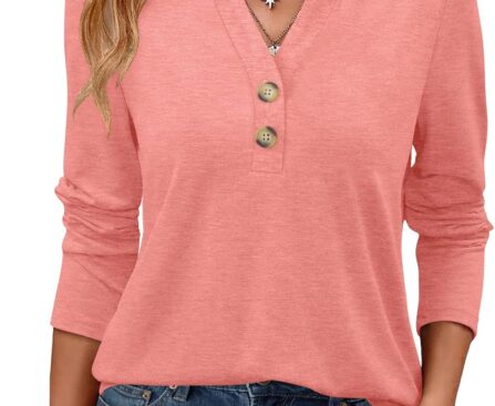 Womens Long Sleeve Tops Fall Clothing V Neck Casual Shirts Button Dressy Trendy Blouses Loose Fit Tunic