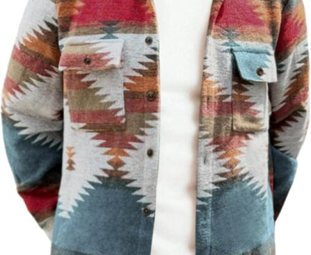 ZAFUL Men’s Shacket Aztec Print Shirt Jacket Flannel Button Up Turndown Collar Overshirt Chest Pocket Button Flap Thick Shirt
