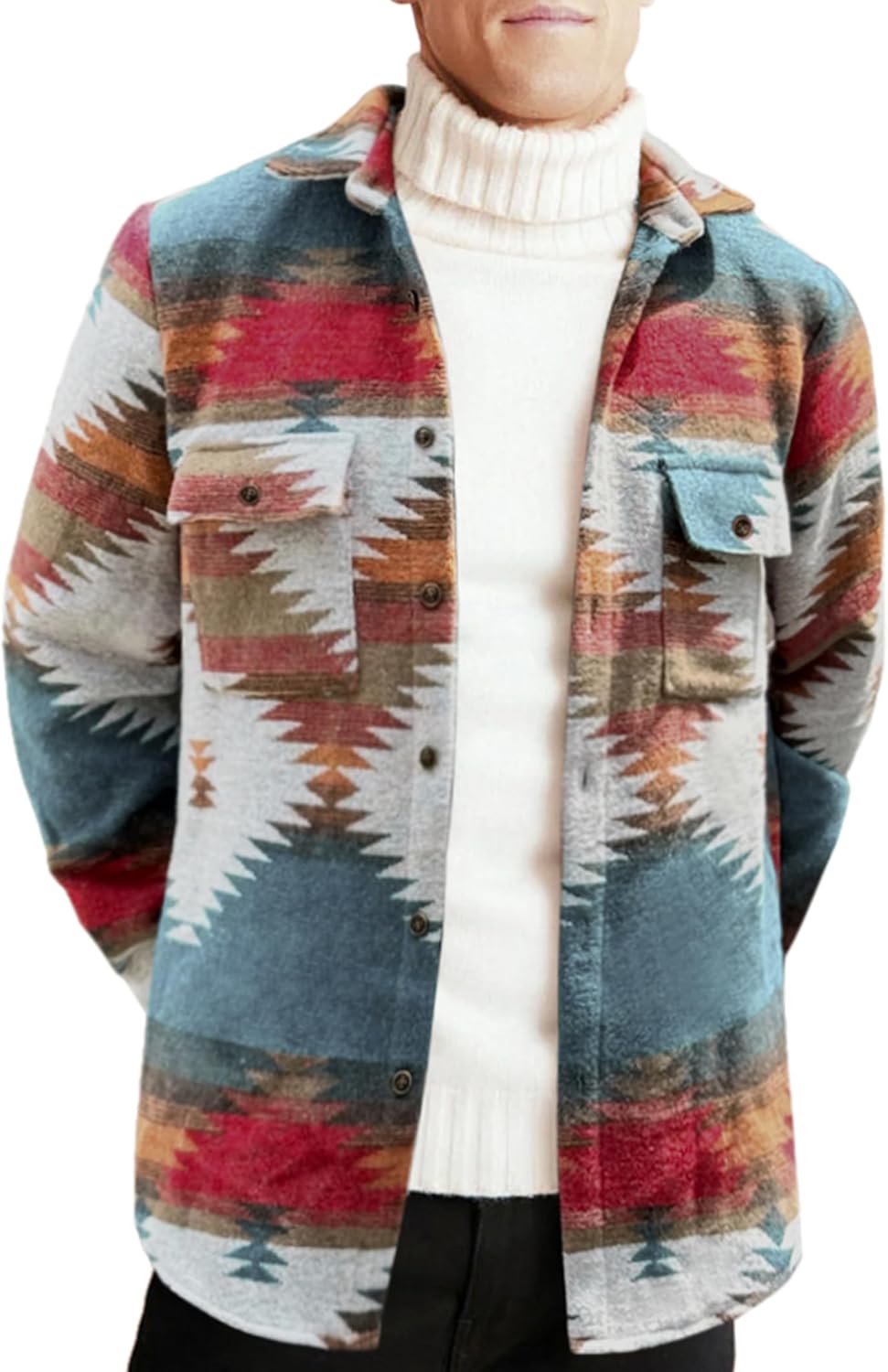 ZAFUL Men’s Shacket Aztec Print Shirt Jacket Flannel Button Up Turndown Collar Overshirt Chest Pocket Button Flap Thick Shirt
