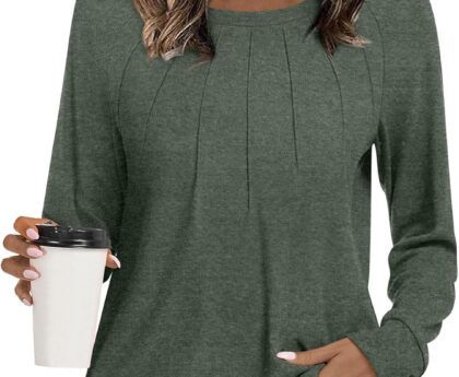 Womens 2025 Fall Tunic Tops Casual Long Sleeve Pleated Blouse Warm Loose Dressy Tshirt For Legging