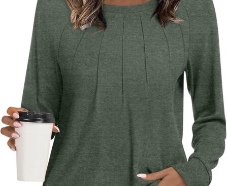 Womens 2025 Fall Tunic Tops Casual Long Sleeve Pleated Blouse Warm Loose Dressy Tshirt For Legging